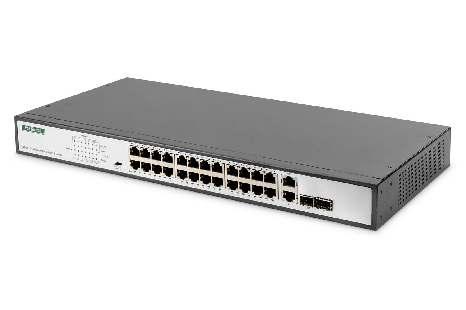 Digitus 24-Port Gigabit PoE Netzwerkswitch, 19 Zoll, unmanaged, 2 Uplink Ports, SFP, 370 W, af/at DN-95343