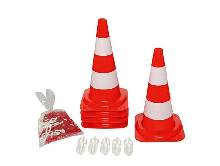 Moravia Tagesleuchtende Leitkegel Set (5x Leitkegel Polyethylen, rot-orange/weiß, H 750 mm, 10m M-Poly-Sicht-Kette rot/weiß, 5x Haken) 353.24.112