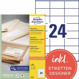 Zweckform LR3475 Etiketten 70 x 36mm Recycling, 2400 Stück