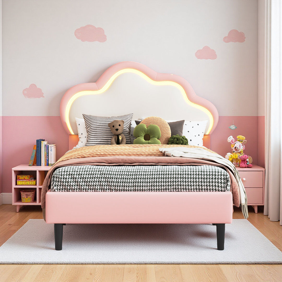 Metro Rachelle 90X200cm PU Upholstered Princess Bed With LED Lighting Pink 109.5cm H X 100cm W X 202.5cm L