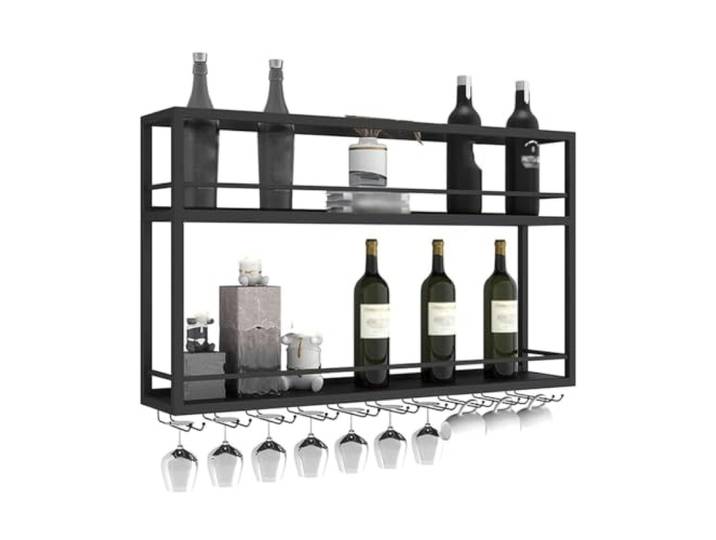Failjierue Industrielle Wand-Weinregale mit Aufhänger für Stielgläser 2 bodenhängende Weinregale, Metallhalterungen und Massivholzregale, Schwarz