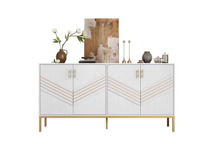 Buffet Menuble de Rangement Design élégant en Blanc et Or 4 Portes avec étagères Réglables en Hauteur Pour Salon Salle à Manger