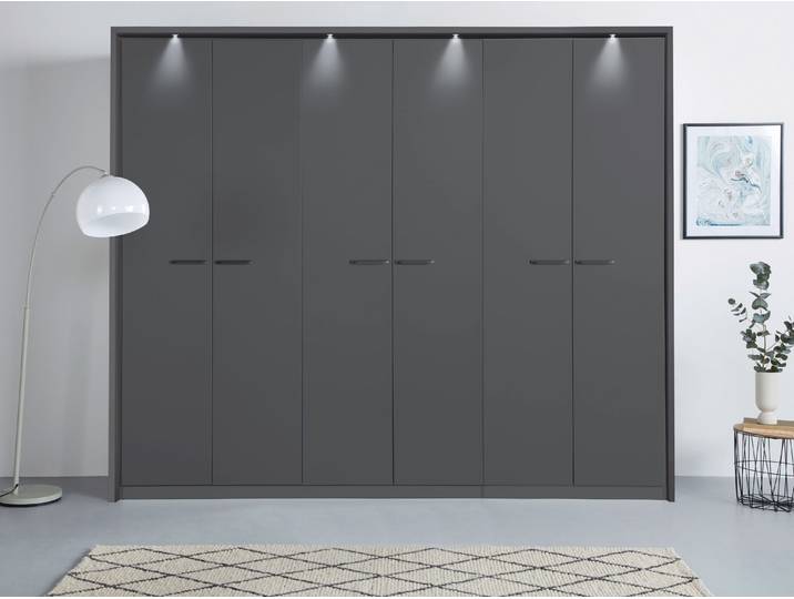 Drehtürenschrank, Holzwerkstoff, Graumetallic, 275×212×58 cm, Mit Beleuchtung, Klassisch, Rauch