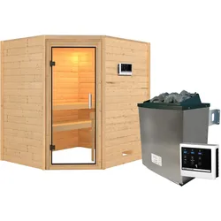Karibu Woodfeeling Sauna Mia - 38 mm -Ohne Dachkranz-Klarglas Ganzglastür-9 kW Ofen integr. Steuerung