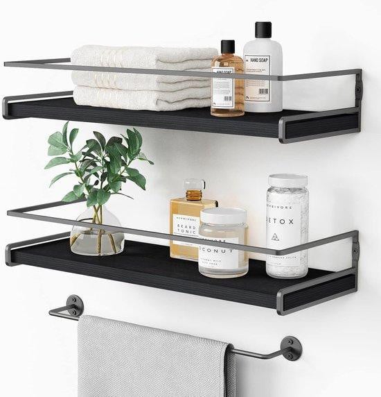 Azomor Zwarte houten wandplank met handdoekhouder voor badkamer en keuken