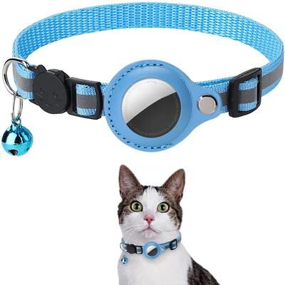 Youfap Market Adjustable Cat AirTag Holder Collar, Reflective Strips, Breakaway Waterproof Pet Air Tag Case, Kitten Collar blue