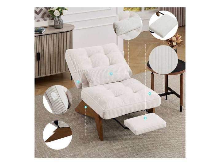 Furnishings Home Relaxsessel verstellbarer Loungesessel mit Fußstütze & Lendenkissen, Holzrahmen (Wohnzimmer/Schlafzimmer/Studierzimmer/Restaurant/Büro), Cord-Stoff, bis 220kg, verstellbare Rückenlehne, ausziehbare Fußstütze