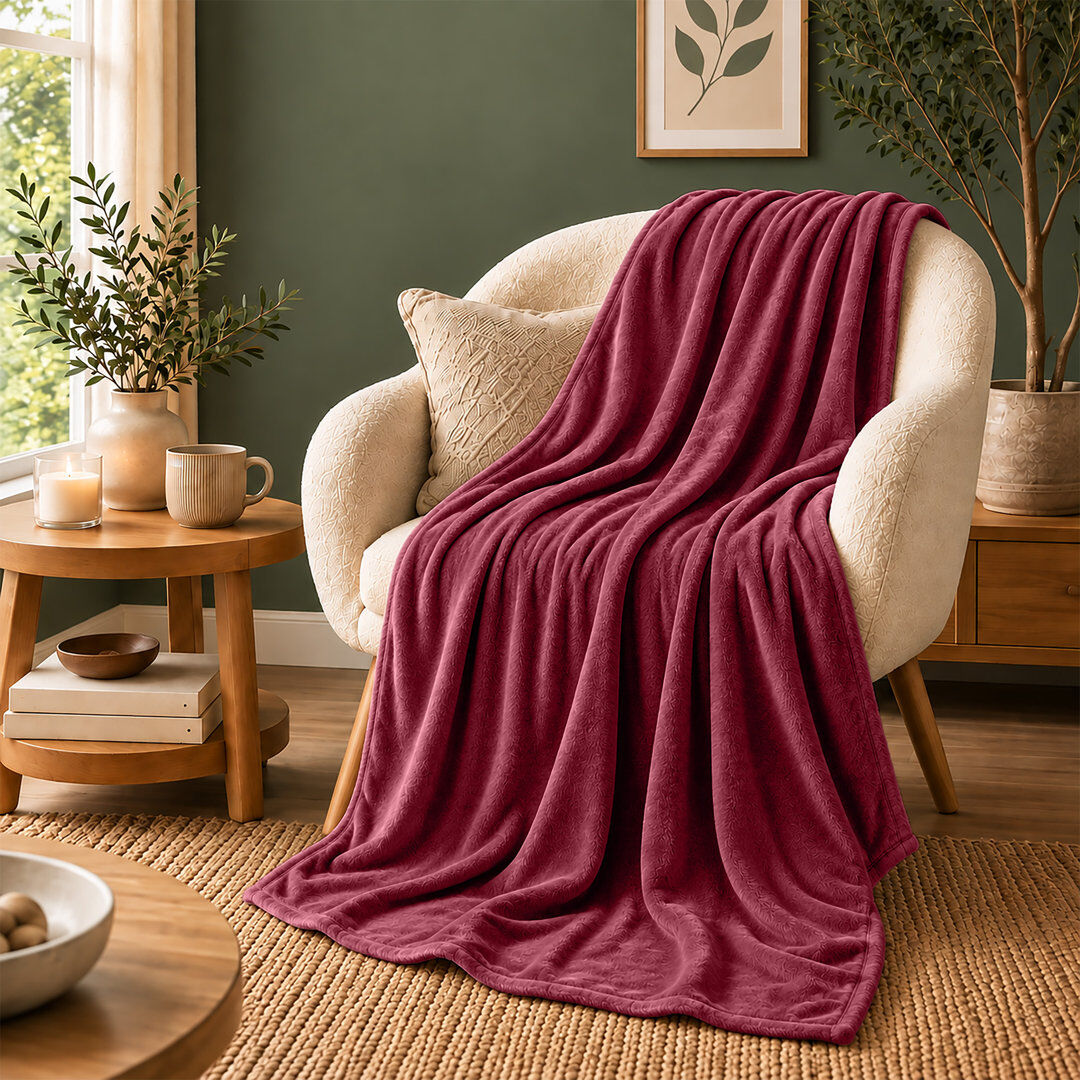 MOONLIGHT BEDDING Ultra-Soft Hotel Quality Reversible Plain Weave Fleece Throw Blanket BURGUNDY KING