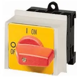 Eaton 013140 EIN-AUS-Schalter, P1, 25 A, Verteilereinbau, 3-polig, NOT-AUS-Funktion, mit rotem Knebel und gelbem Frontschild P1-25/IVS-RT