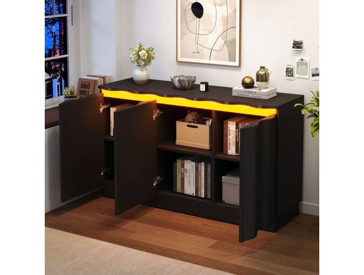 Piaenon - Buffet bas 120x35x69 5 cm avec LED 3 Portes Étagères Réglables Moderne salon - Noir
