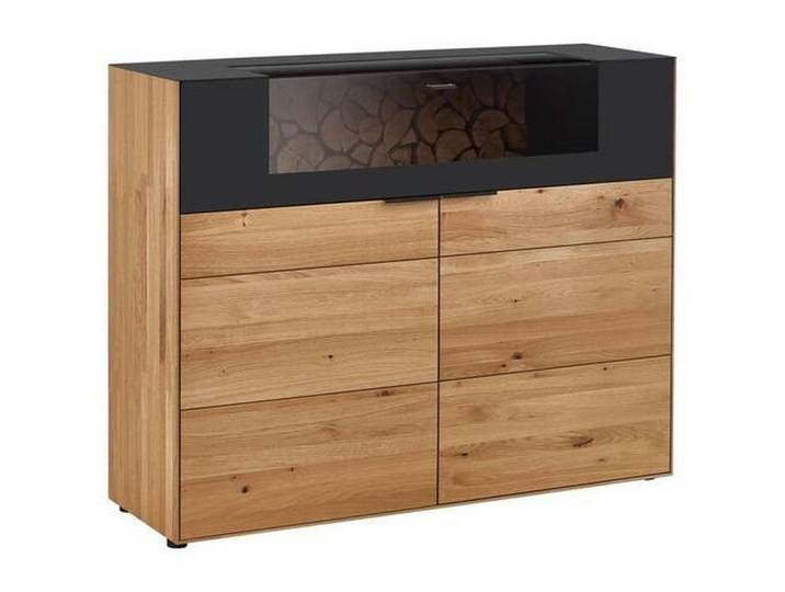 Valdera Highboard, Schwarz, Eiche, Holz, Metall, Glas, Wildeiche, Hartholz, 2 Fächer, 145.9x115.4x45.2 cm, Goldenes M, EN 71, Typenauswahl, Beimöbel erhältlich, umfangreiches Zubehör erhältlich, Holzmöbel, Kleinmöbel Holz, Holzkommoden, Highboards Holz