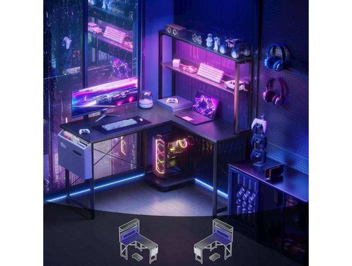 Bureau gaming en angle L 148cm avec étagère double étage support mobile unité centrale pochette rangement tissu