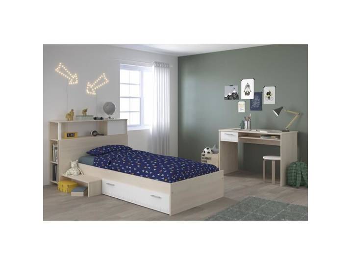 PARISOT Chambre enfant complète Tête de lit + lit + bureau - Style contemporain - Décor acacia clair et blanc - CHARLEMAGNE