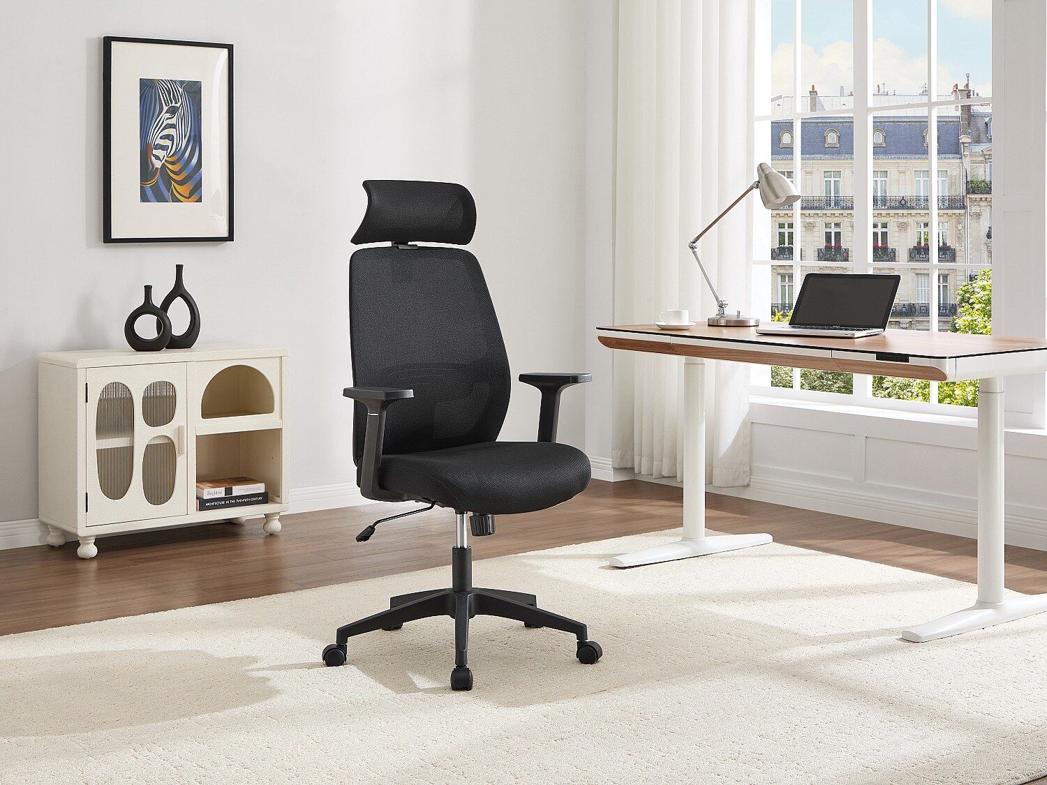Unique Silla de oficina ergonómica con reposacabezas - Tela - Negro - DELRINO