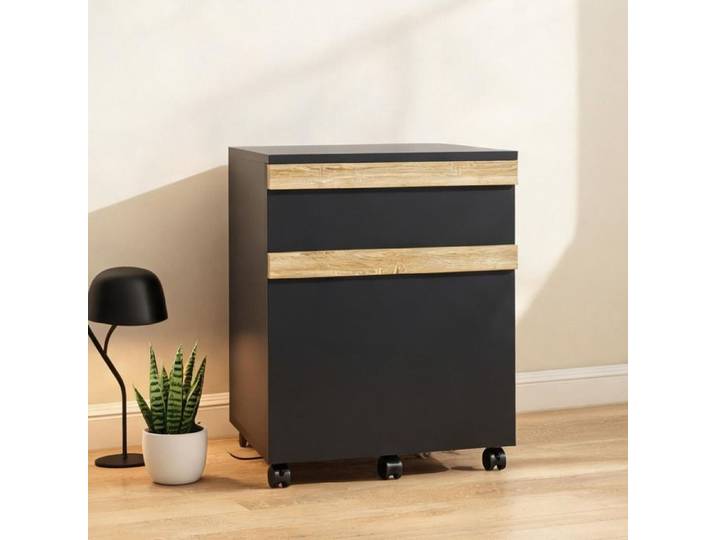 Caisson de bureau à 2 tiroirs sur roulettes noir et finition bois pour organisation de bureau