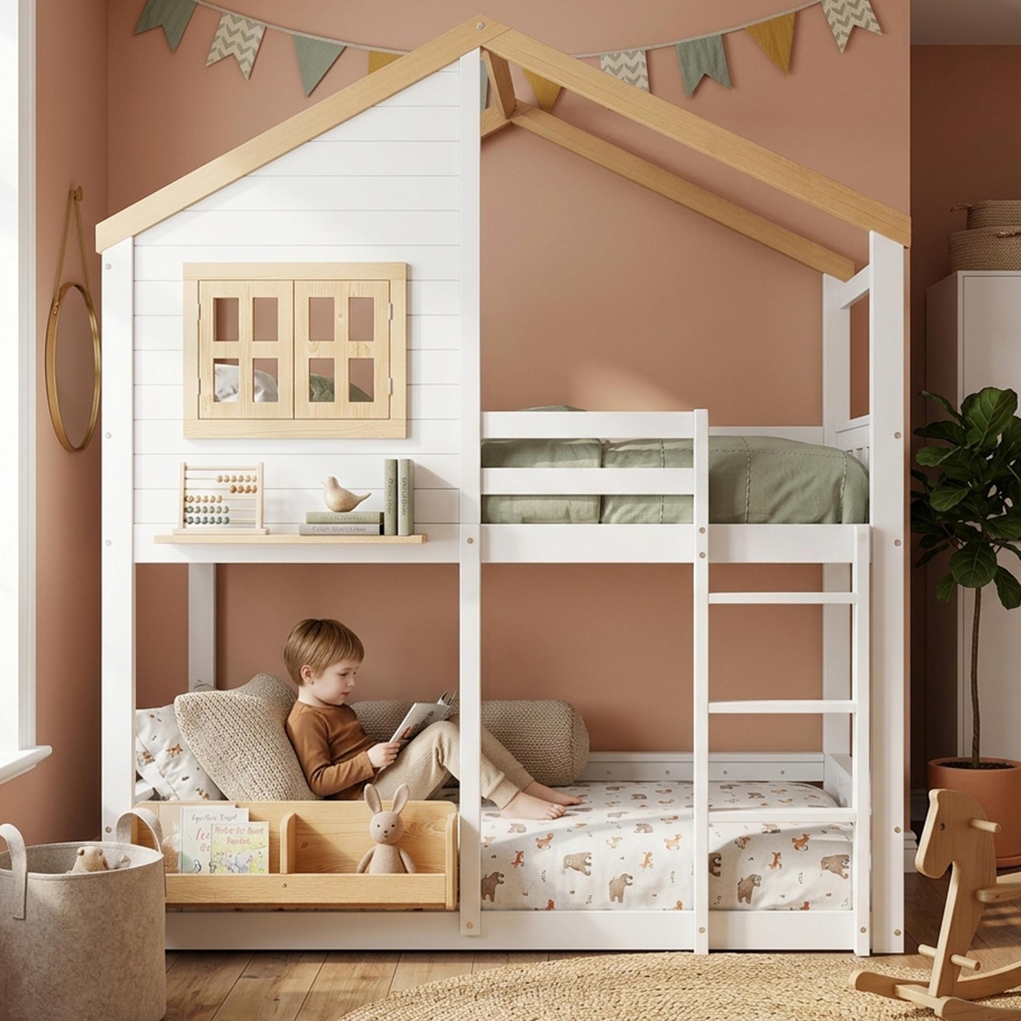 Etagenbett Kinder 90x200 cm, Hausbett mit zwei Schlafplätzen, Leiter, Schutzumrandung und Ablage, Holzwerkstoffe, Weiß und Natur