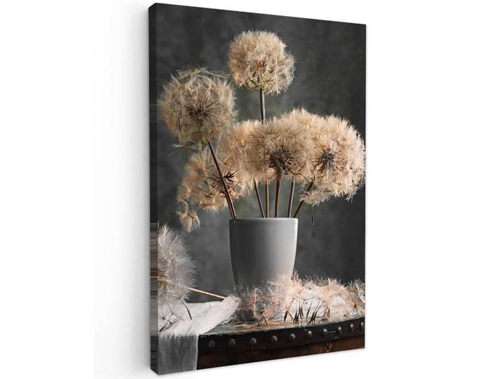 MuchoWow Leinwandbild - Blumensamen - Löwenzahn - Vase - Stilleben - Blumenstrauß - 60x90 - Kunstdruck, Dunkelgrau, Textil, Kiefer, Abstrakt, Rechteckig, 60x90 cm, gerahmt, Bilder & Rahmen, Bilder, Wandbilder