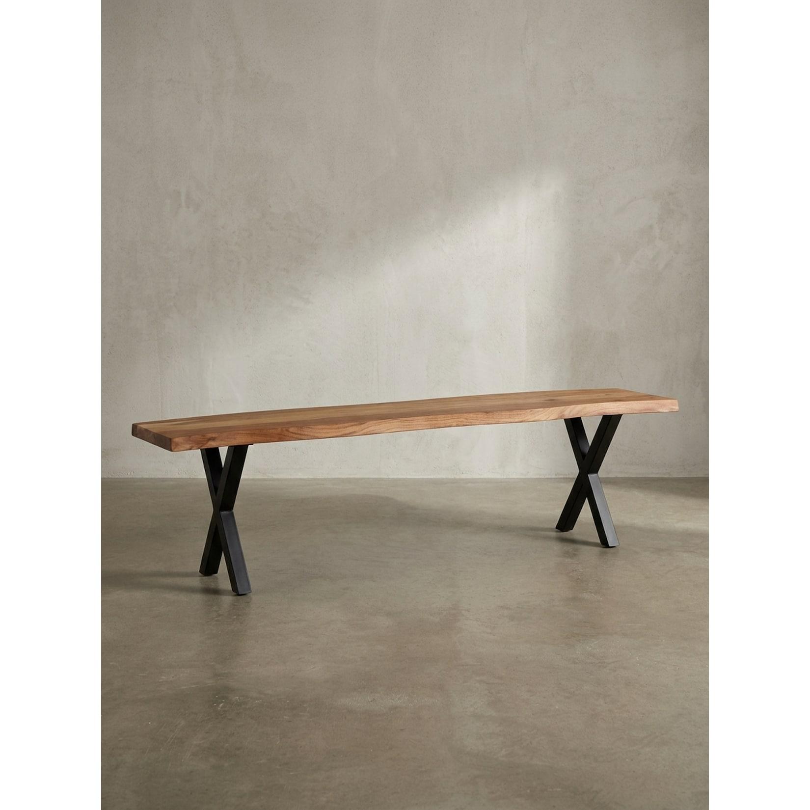 Esszimmerbank Massivholz Metall Baumkante X-Beine, Akazie 140x40x46 cm
