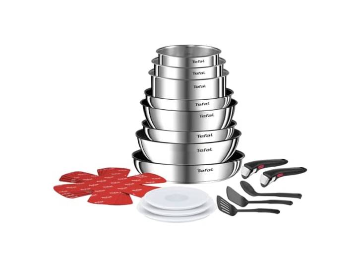 Tefal Ingenio Emotion 20-tlg. Topf und Pfannenset abnehmbarer Griff stapelbar, platzsparend, Topfset Induktion Titanium 2X Antihaftversiegelung, einfache Handhabung und Reinigung, L897SK