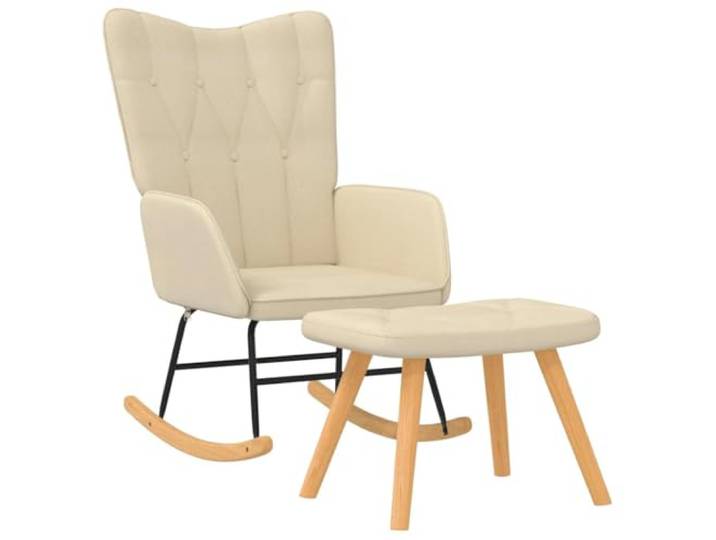 Creme Schaukelstuhl mit Fußablage Stoffbedeckt mit Stahlrahmen Gepolsterte Knöpfe, Schwammfüllung, Holzkufen, stabiler Stahlrahmen, elegantes Design