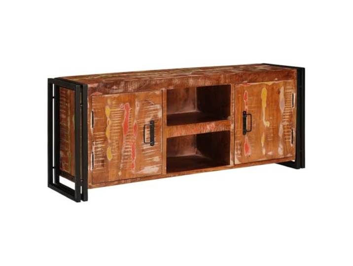 GHVBNMF TV-Schrank Massivholz Mehrfarbig Fernsehtisch 120x30x50 cm Rustikales Lowboard fürs Wohnzimmer mit zwei Türen und offenen Fächern für Geräte und Zubehör.