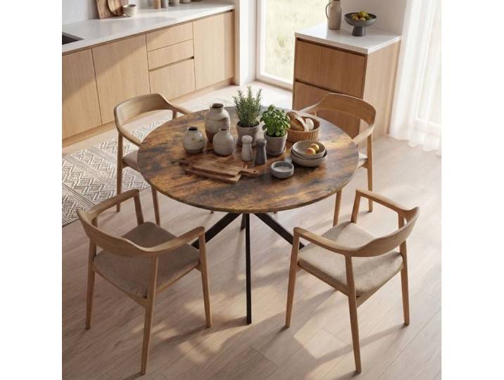 Table à manger ronde 4 personnes – style industriel – pieds en acier – marron rustique