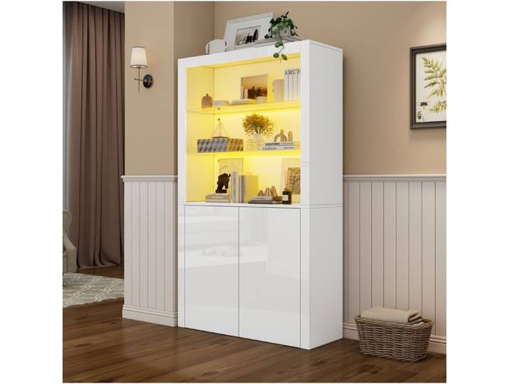 Vitrine Haute Blanche Brillante 100 x 35 x 170 cm LED Verre Trempé MDF Double Porte Salon