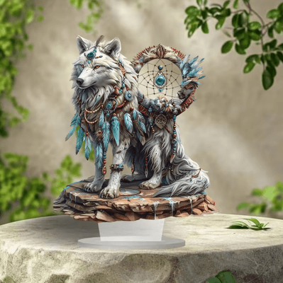 Inspire Picks Majestic White Wolf Dream Catcher Acrylic Desk Decor Boho Chic Tabletop Sign wolf 1pcs