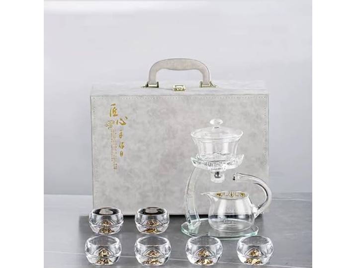 YoeEoay Lazy Tea Set, Magnetische Teekanne Teeservice Glas Semi Automatic Tea Set Chinesische Tee-Set-Geschenkbox Glas-Teekanne Mit Magnetischem Wasserfluss Geeignet für Büro/Zuhause(Transparent)