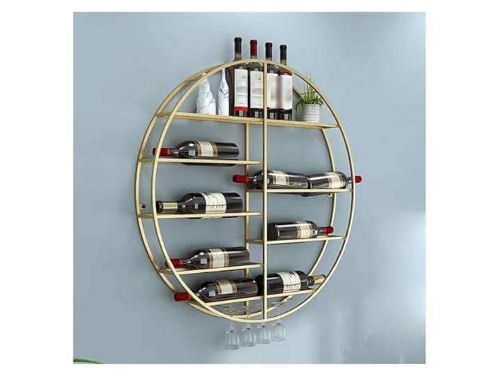 Failjierue Rundes Weinregal zur Wandmontage mit Stielglashalter Durchbrochenes Weinflaschenregal oder Kelchhalter aus Eisen für Bar, Küche, Esszimmer(Gold,80cm)