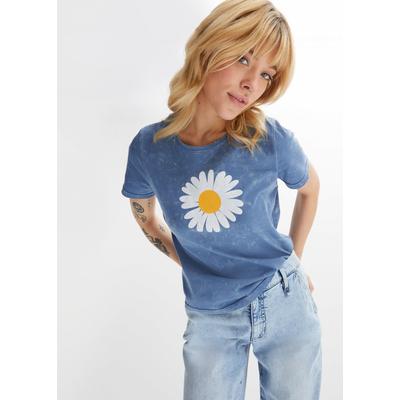 T-Shirt BONPRIX "T-Shirt aus reiner Baumwolle", Damen, Gr. 48/50 (XL), blau (jeansblau washed), Jersey, Obermaterial: 100% Baumwolle, bedruckt, unifarben, washed, slim fit hüftlang, Rundhals, Shirts T-Shirt, Slim Fit Passform, Kurzarm,...