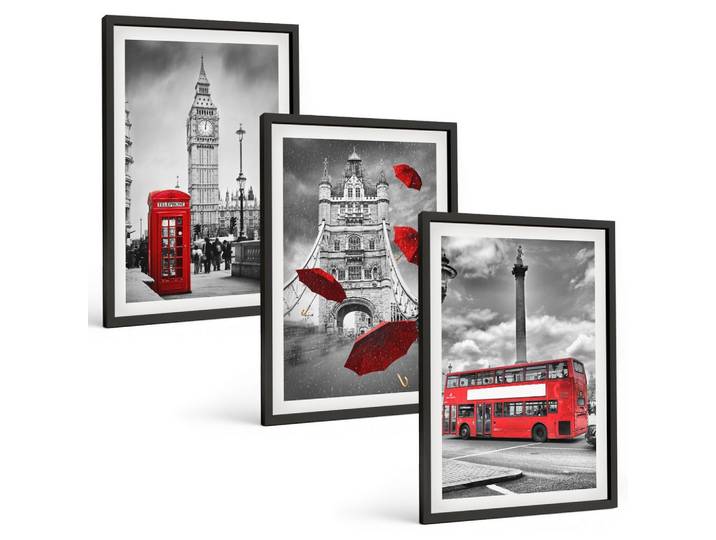 BILDER SET 3er Set - 40x60 cm Schwarzer Rahmen - Roter Regenschirmstand und Londoner Bus