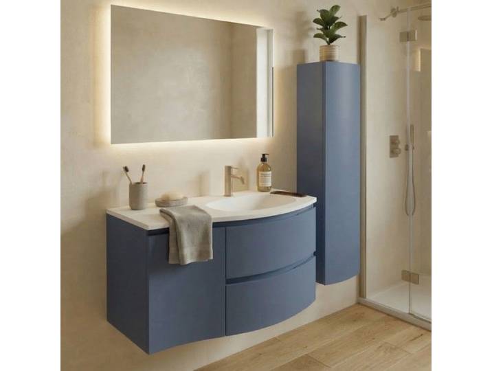 ARMONIA Meuble vasque encastrée L. 105 cm bleu-mer avec extension à gauche + 1 colonne murale
