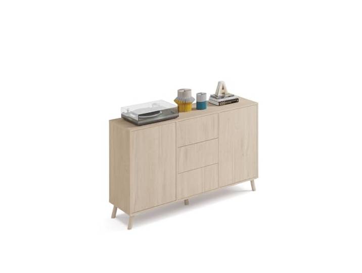 Muebles Pitarch Sideboard für Wohn- und Esszimmer, Buffet, Beistellschrank, 2 Türen und 3 Schubladen, Eiche , 89x140x40 cm, Speisekammer, Küche, Druckverschluss oder Push-Pull, Modern, Nordisch