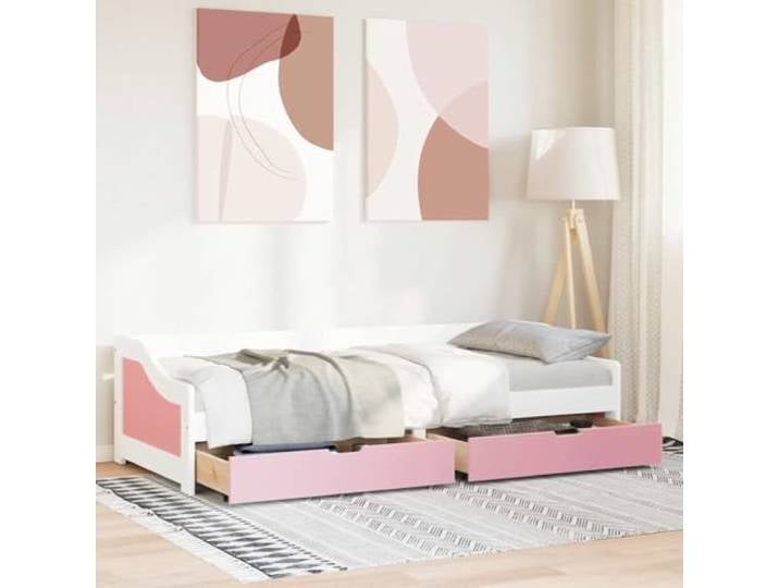 KTHLBRH IRUN Schlafsofa mit 2 Schubladen, Weiß/Rosa, 90 x 200 cm Massives Kiefernholz, vielseitig einsetzbar, Lattenrost-Design, ohne Matratze