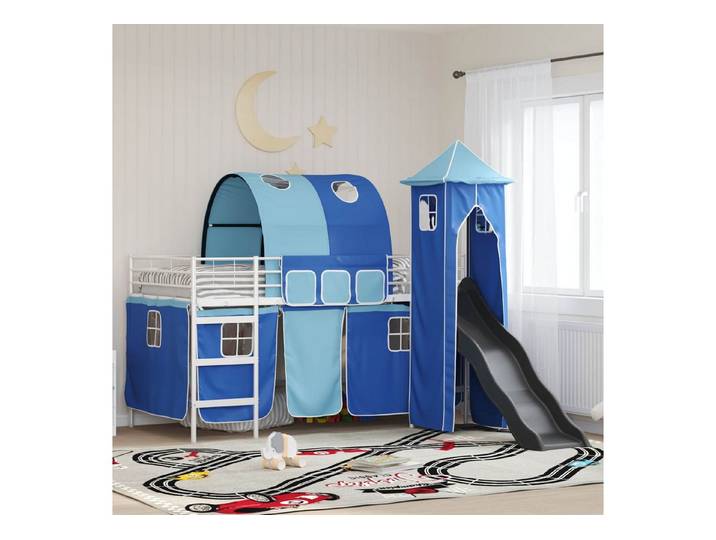 furnicato Bett Kinderloftbett 90 x 200 cm Weiß und Blau (1-tlg), Mit Vorhängen und Netzpaneelen ausgebautes Hochbett für Kinder