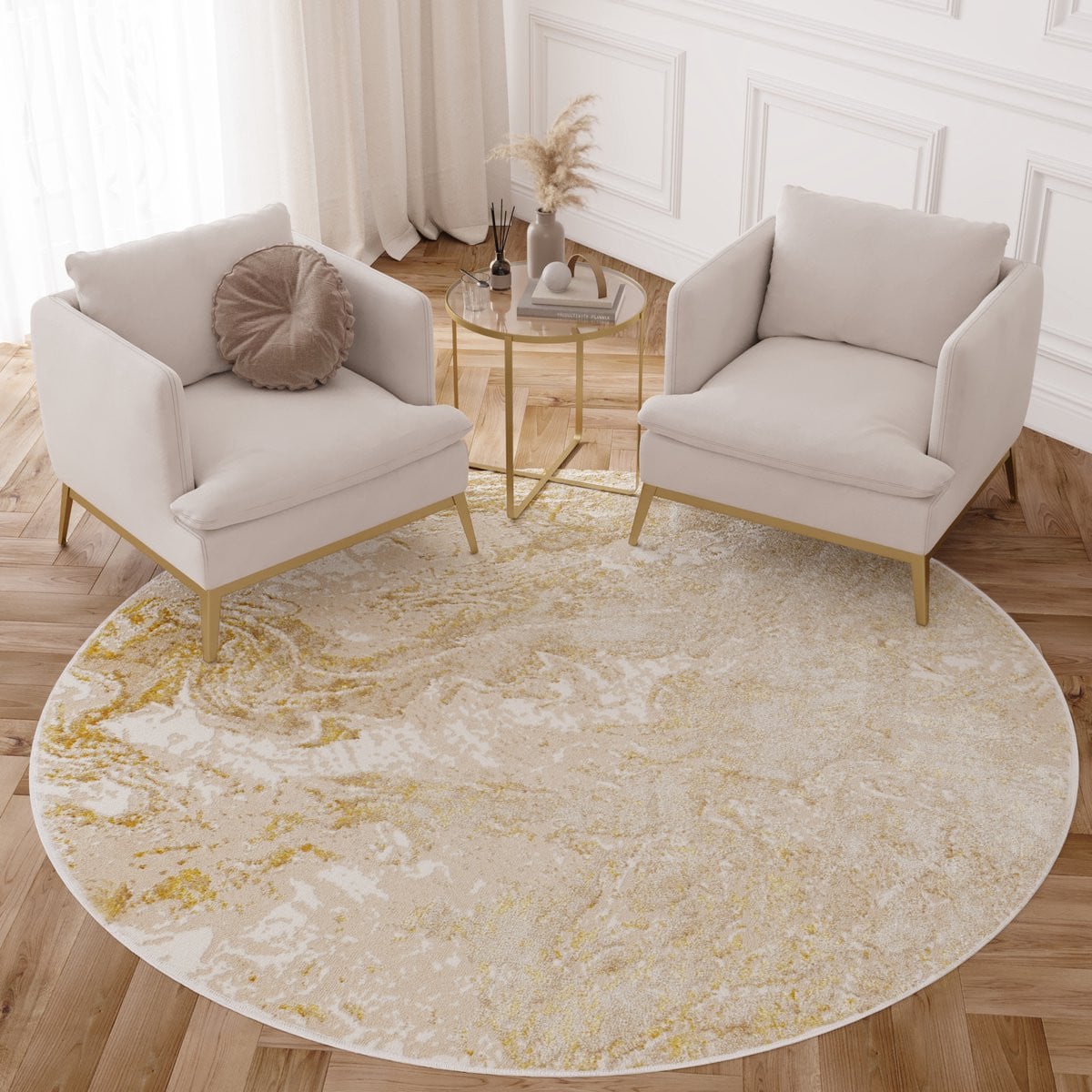 Tapiso Crystal Rond Vloerkleed Beige Creme Modern Laagpolig Diameter: 200 cm