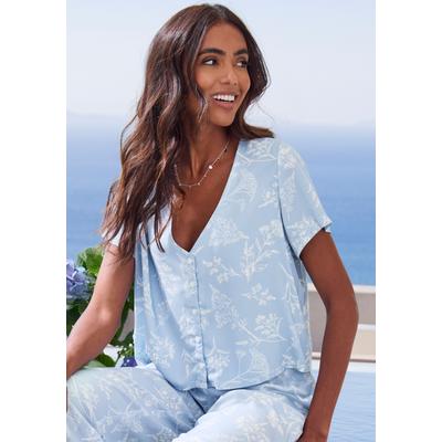 Pyjamaoberteil LASCANA, Damen, Gr. 44, blau (graublau), Web, Obermaterial: 100% Viskose, bedruckt, loose fit taillenbedeckt, tiefer V-Ausschnitt, eingesetzt abgesteppt, Shirts, in kurzer Taillenlänge