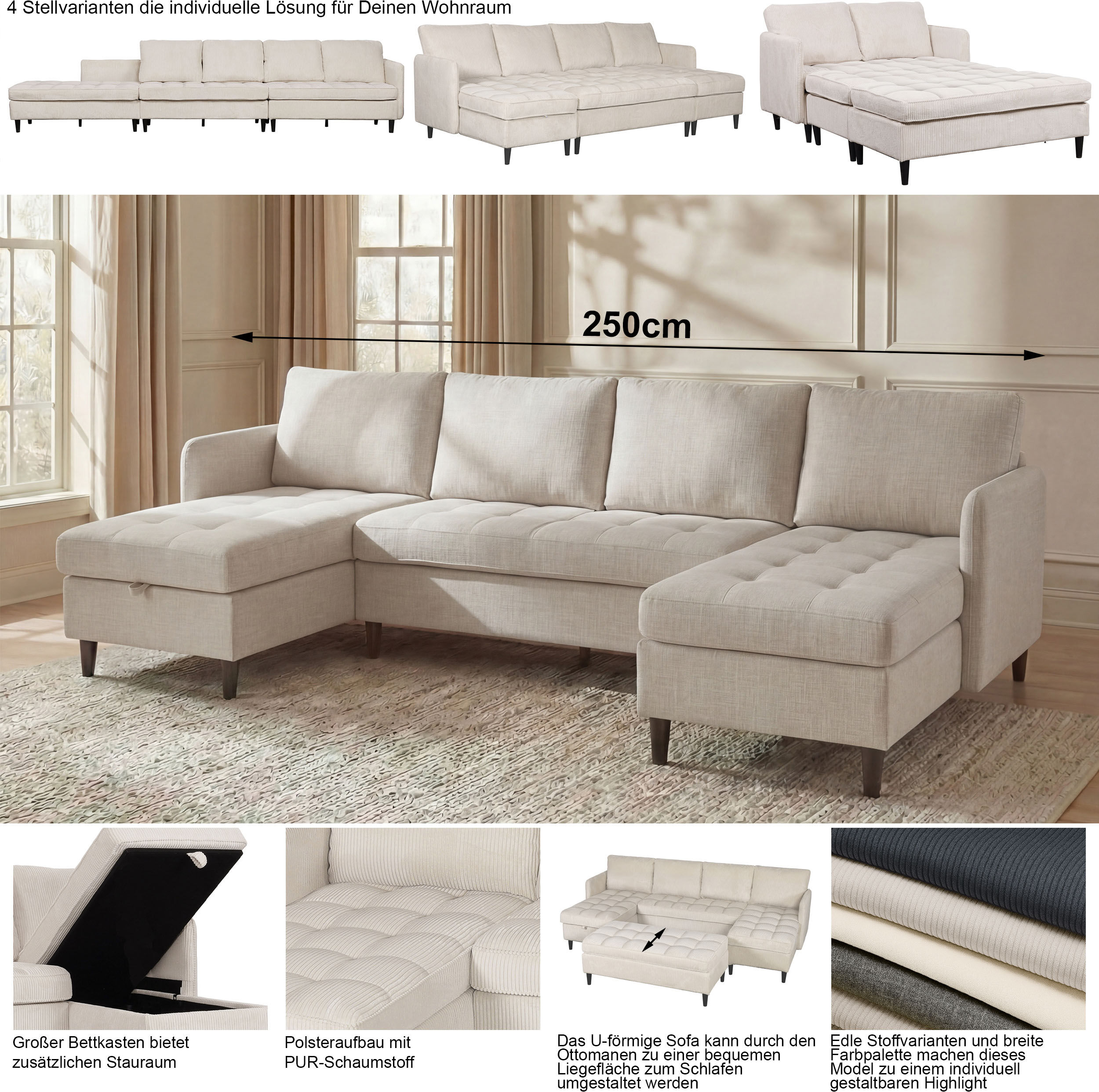 Wohnlandschaft DOREL HOME "LINDHUS, Chenille, Modulsofa, verschiedene Stellvarianten", creme, B:254cm H:80cm T:127cm, 100% Polyester, Sofas, Wohnlandschaft, Breite als U-Form (254cm) mit Verbindern fixierbar, Recamiere,Stauraum