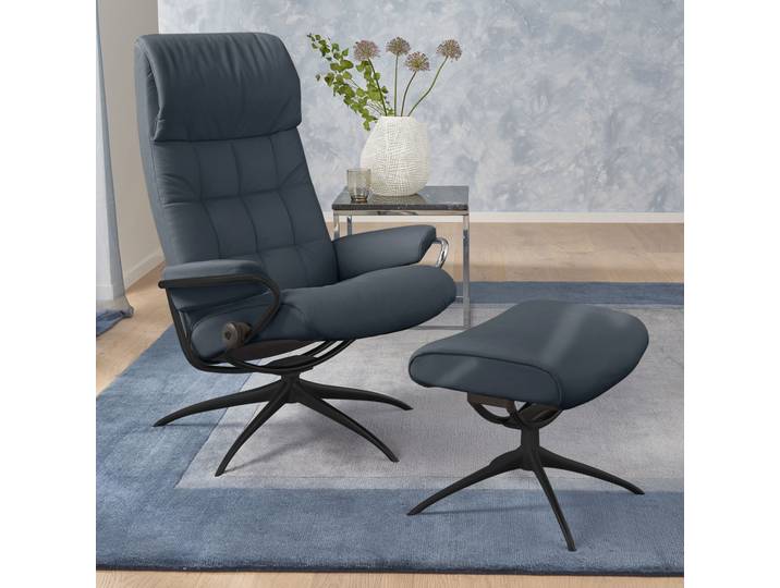 Relaxsessel STRESSLESS London , blau (atlantic blau batick), B:80cm H:116cm T:71cm, Leder BATICK: durchgefärbtes und genarbtes Möbelleder;Leder PALOMA: durchgefärbtes Semianilin-Möbelleder;ROHLEDER Stoff Q2 FARON (100% Polyester im Flor, Grundgewebe: 50% Polyester, 50% Polyacryl), Sessel, Relaxsessel, mit Hocker, High Back, mit Star Base, Gestell Schwarz