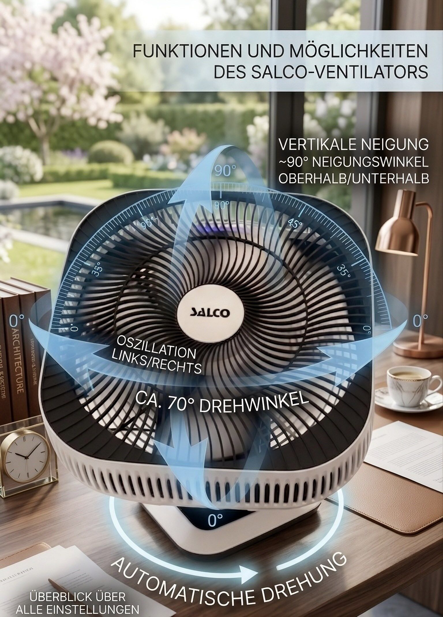 Tischventilator SALCO "SST-261", weiß (weiß, schwarz), B:37,5cm H:43,5cm T:28,5cm, Ventilatoren, Tischventilator, 8 Geschwindigkeiten, 80-Oszillation & Neigung, Timer, Fernbedienung