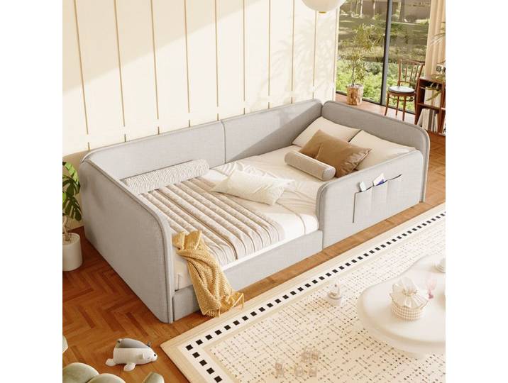 Lit plateforme 90x200 rembourrage en mousse et cadre de sécurité intégral Lit enfant avec housse en lin doux Beige