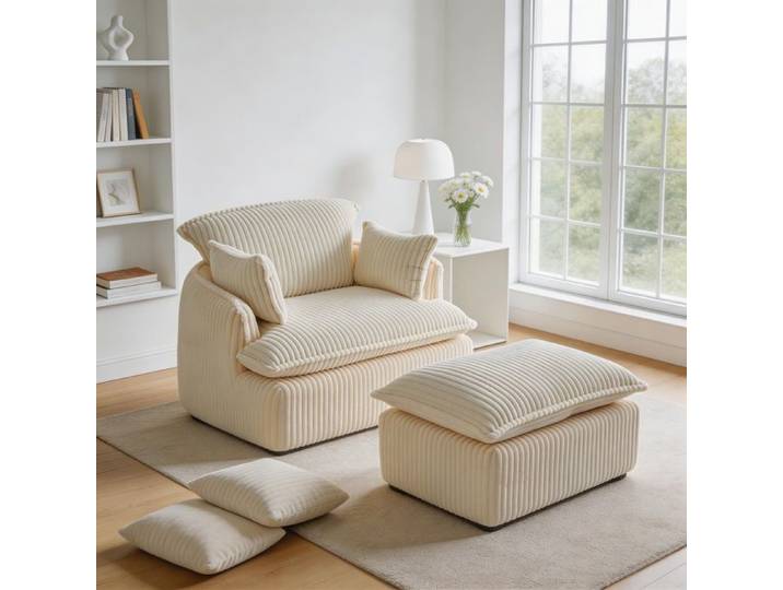 Canapé compressé - Cloud compact - 1 place beige - flanelle velours côtelé - avec pouf assorti