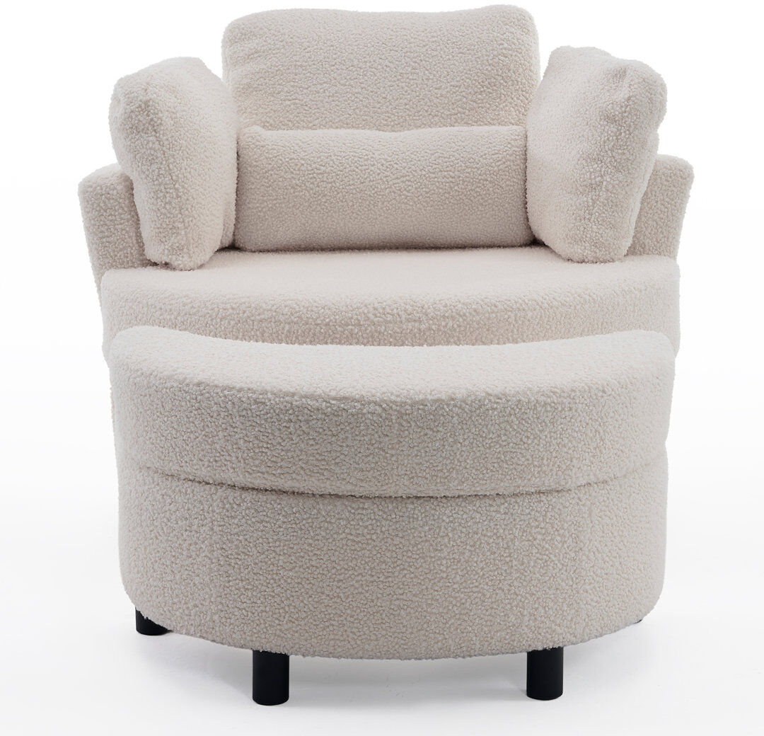 Ivy Bronx Upholstered Teddy Swivel Armchair With Footstool Ivory Teddy 82cm H X 105cm W X 107cm D