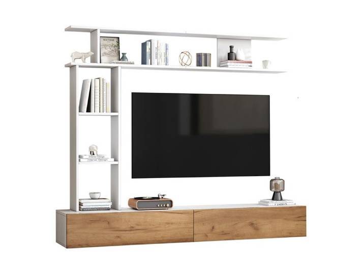 Meuble TV avec 2 portes étagère verticale et étagère murale - pour salon - 180×35×150 cm - blanc et bois