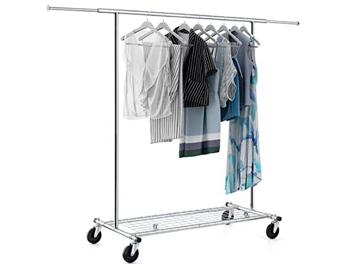 Tatkraft Duncan - Profi Schwerlast Kleiderständer auf Rädern, bis 100 Kg Kleiderstange Faltbar, 1 Min Montage, Ausziehbar Verstellbar 128-189x107x143-169cm, Rollgarderobe mit Ablage, Verchromt Stahl