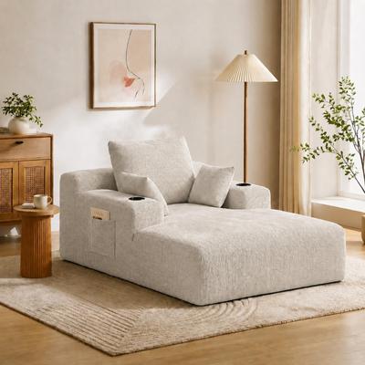 Loedds 50.39-Inch Corduroy Chaise Lounge with Storage & Cup Holders & Pillows