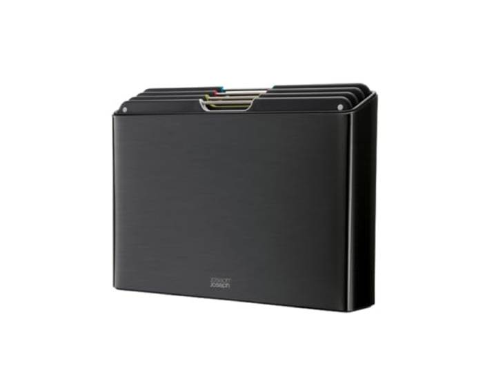Joseph Joseph Folio 4-tlg. farbcodiertes Schneidebrett-Set, Slimline-Koffer für die organisierte Aufbewahrung in der Küche, groß, Roségold/Edelstahl