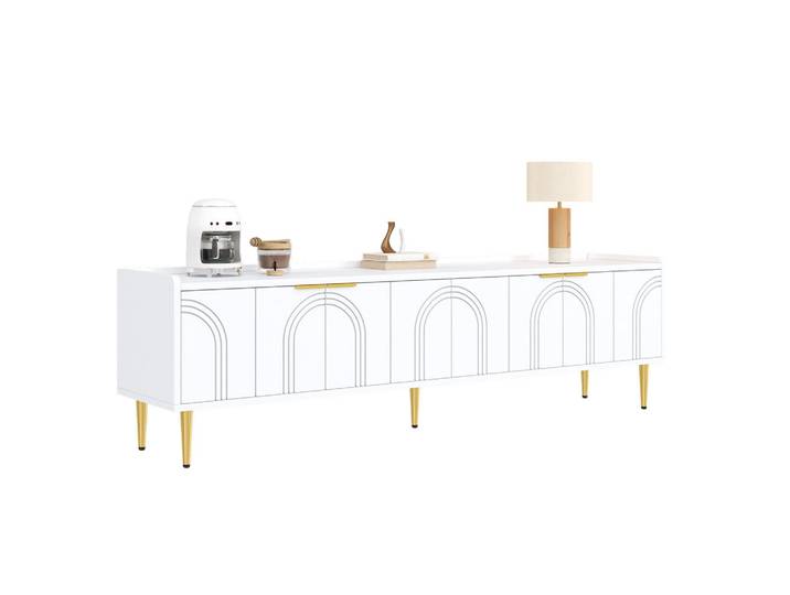 Flieks Tv-Schrank 170cm strukturierte Türen Goldgriffe modern, Weiß, 35x47.5x170 cm, Wohnzimmer, TV Möbel, Lowboards, Lowboards stehend