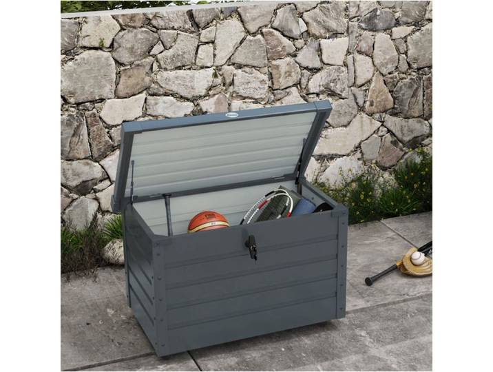 Coffre de rangement d'extérieur 295 L avec roulettes couvercle verrouillable acier galvanisé gris ORVRYN